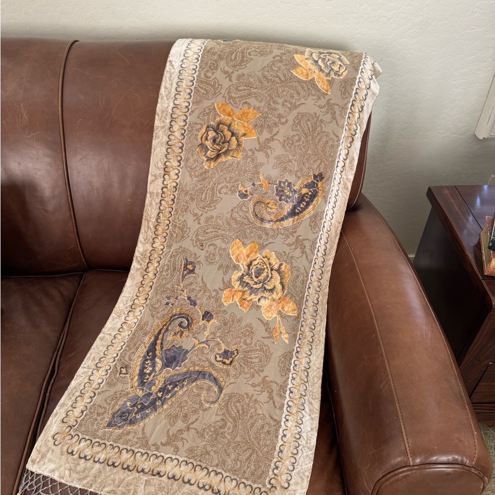 Vintage Burnout Velvet Paisley Floral Scarf / Shawl • Fringe Trim